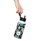 Trinkflasche mit Strohhalm, transparenter Strohhalm aus schwarzem Deckel, Blumenmotive