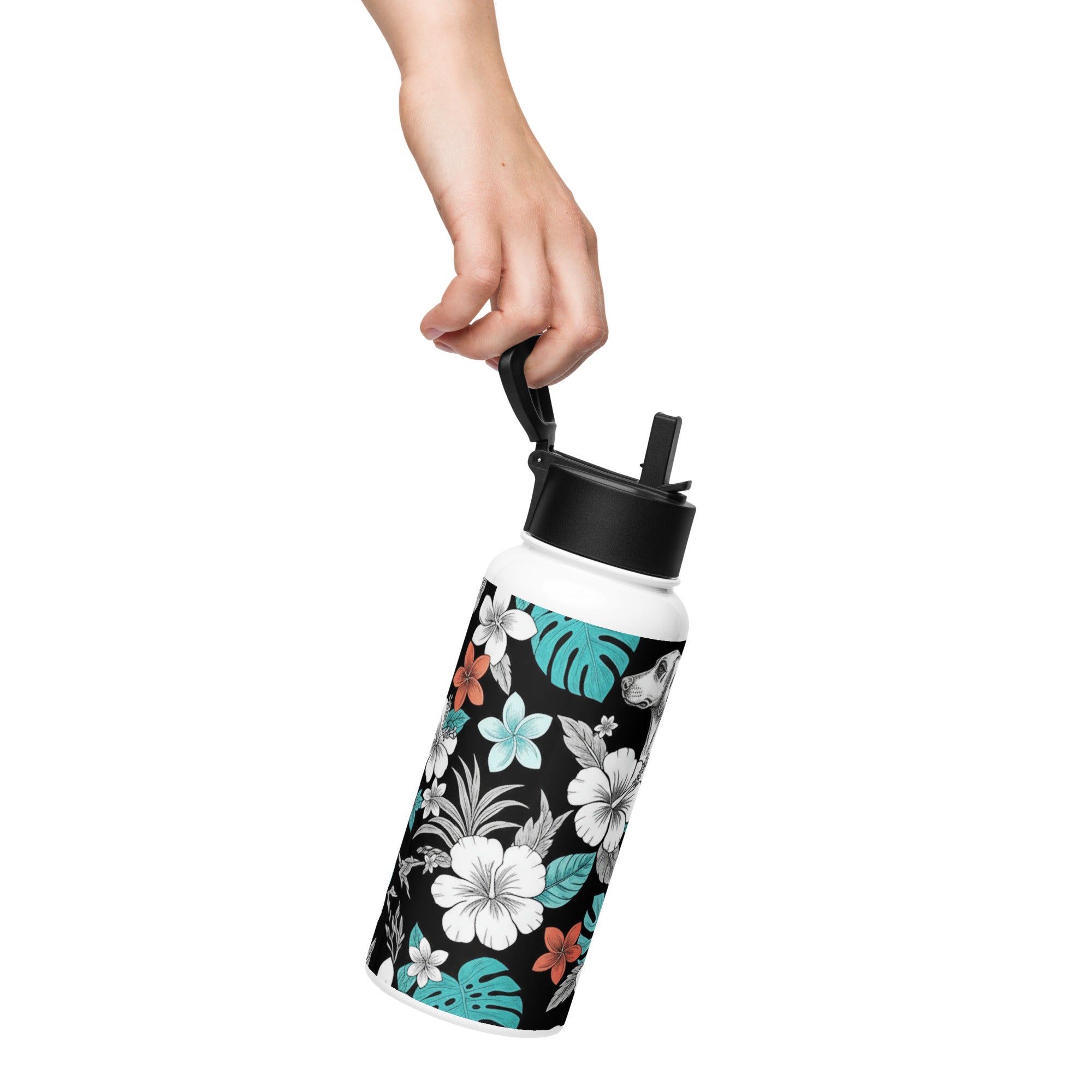Trinkflasche mit Strohhalm, transparenter Strohhalm aus schwarzem Deckel, Blumenmotive