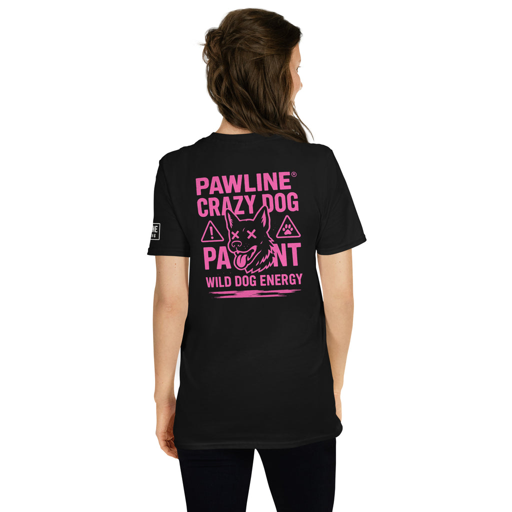 Crazy Dog T-Shirt mit großem rosa Rückenprint, schwarzes Kurzarmshirt