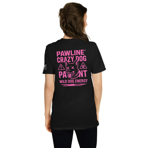 Crazy Dog T-Shirt mit großem rosa Rückenprint, schwarzes Kurzarmshirt