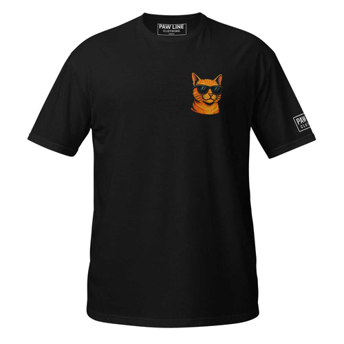 Unisex-T-Shirt (schwarz) mit orangefarbener Katzen-Grafik und Ärmel-Patch