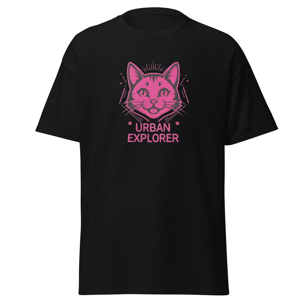 Urban Explorer Cat T-Shirt Schwarz Frontansicht Geometrisches Motiv Unisex