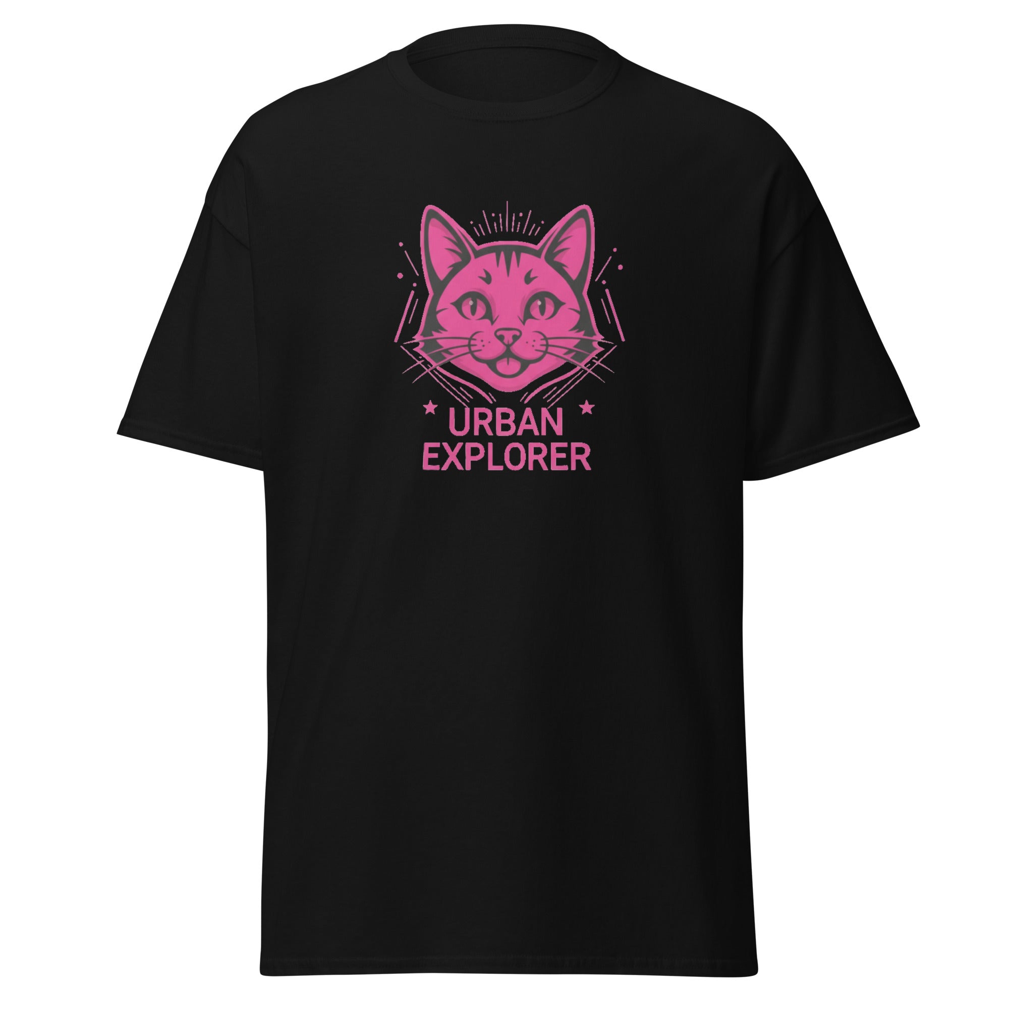 Urban Explorer Cat T-Shirt Schwarz Frontansicht Geometrisches Motiv Unisex