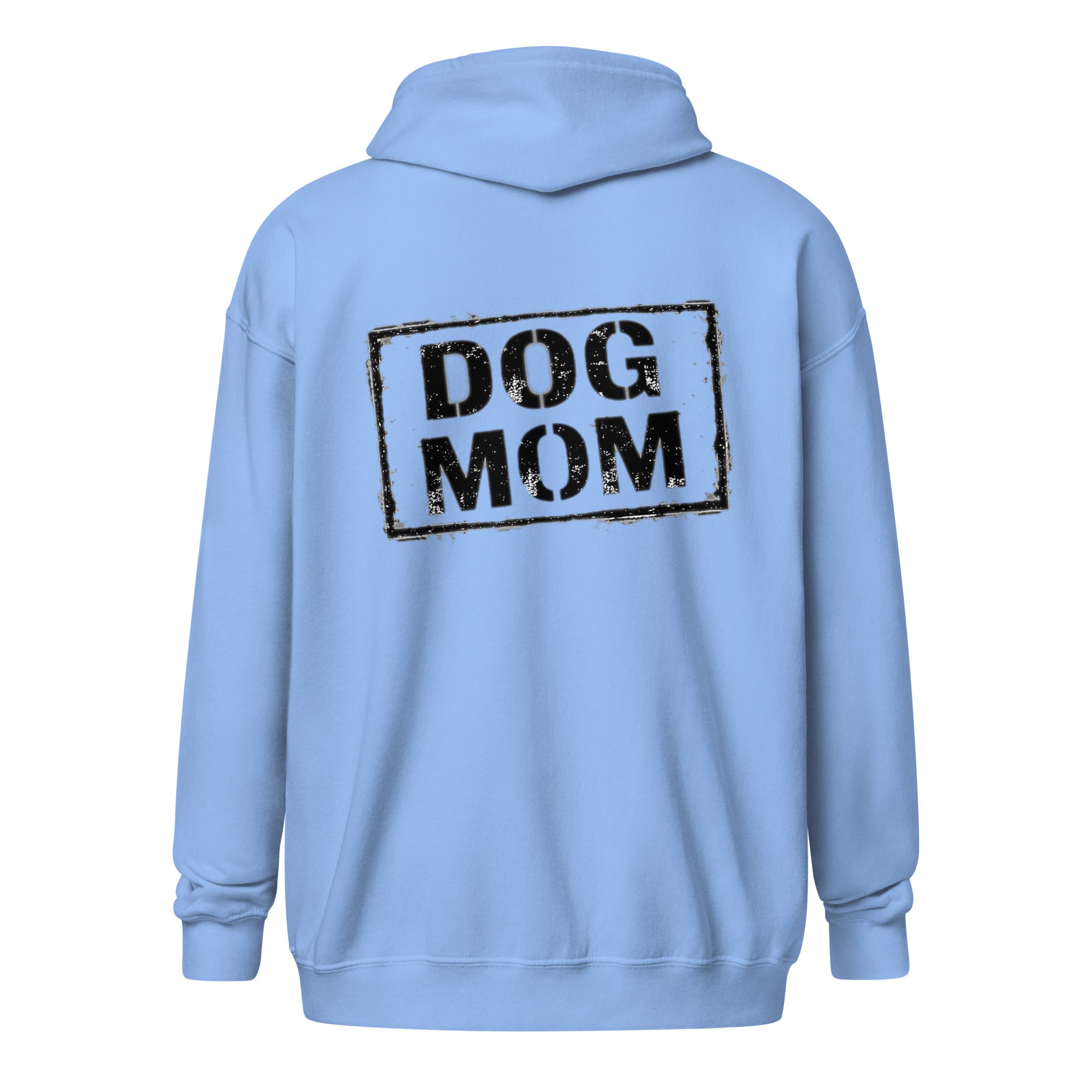 Himmelblauer Hoodie mit Reißverschluss, großer „DOG MOM“-Aufdruck hinten