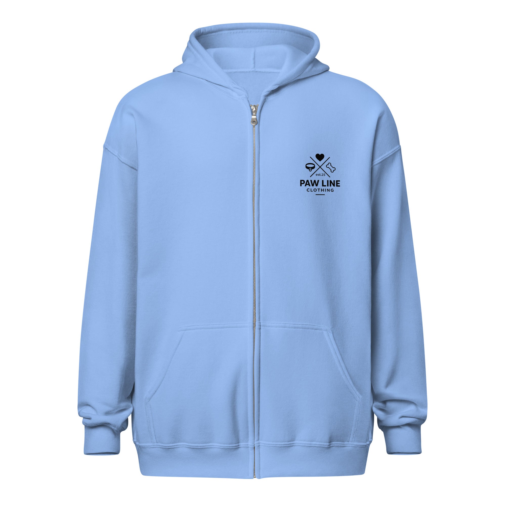 Himmelblauer Zip-Hoodie mit Kapuze und Frontreißverschluss, kleines Brustlogo „Paw Line“