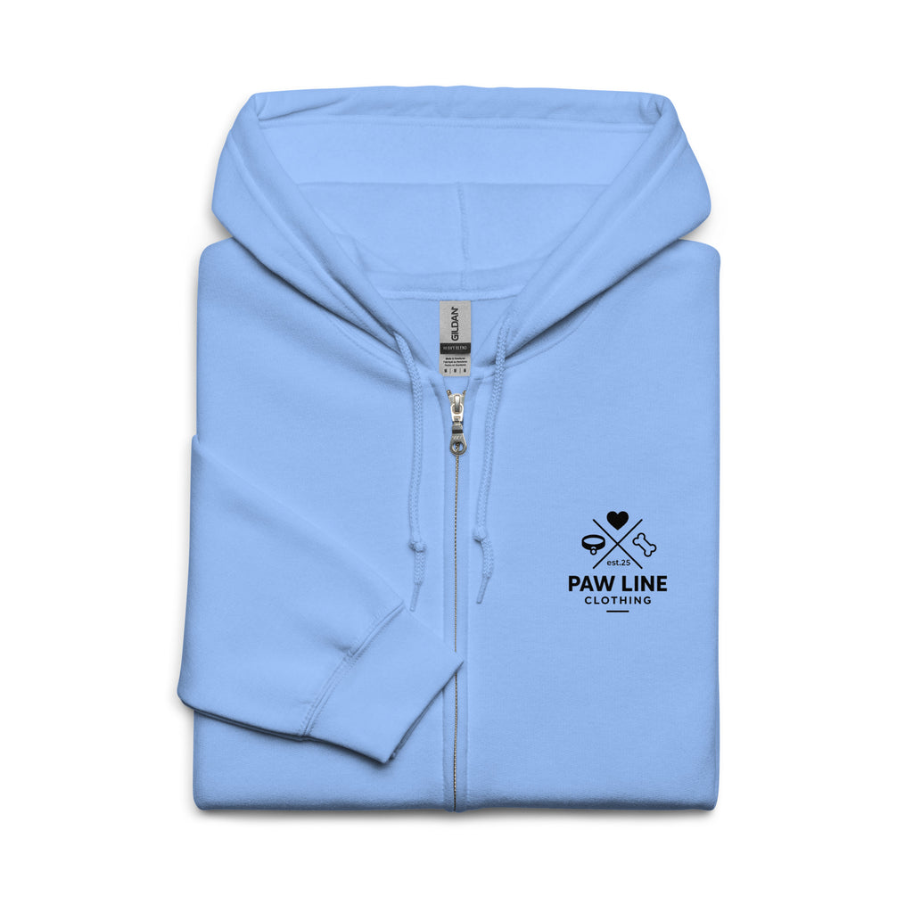 Himmelblauer Zip-Hoodie, Kapuze mit Metallreißverschluss und „Paw Line“-Logo rechts