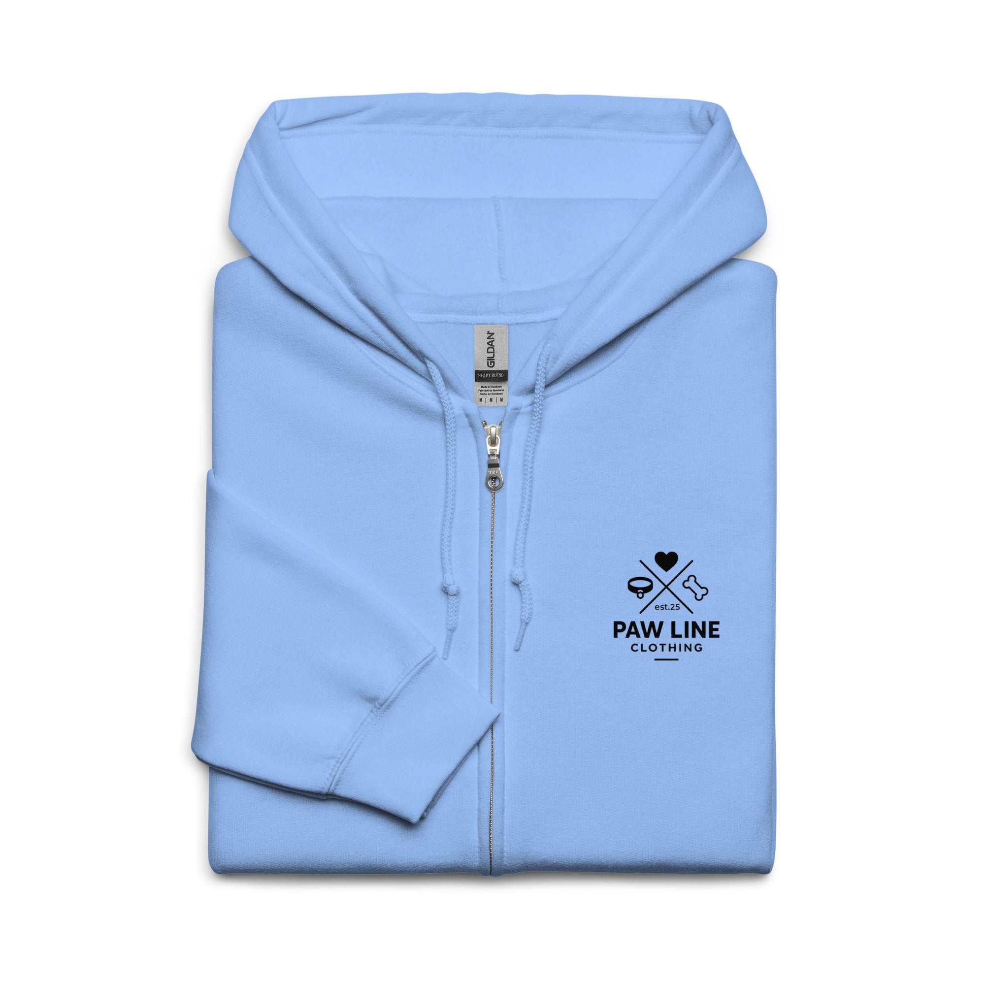Himmelblauer Zip-Hoodie, Kapuze mit Metallreißverschluss und „Paw Line“-Logo rechts