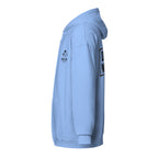 Himmelblauer Hoodie mit Kapuze, Seitenansicht mit kleinem „Paw Line“-Logo