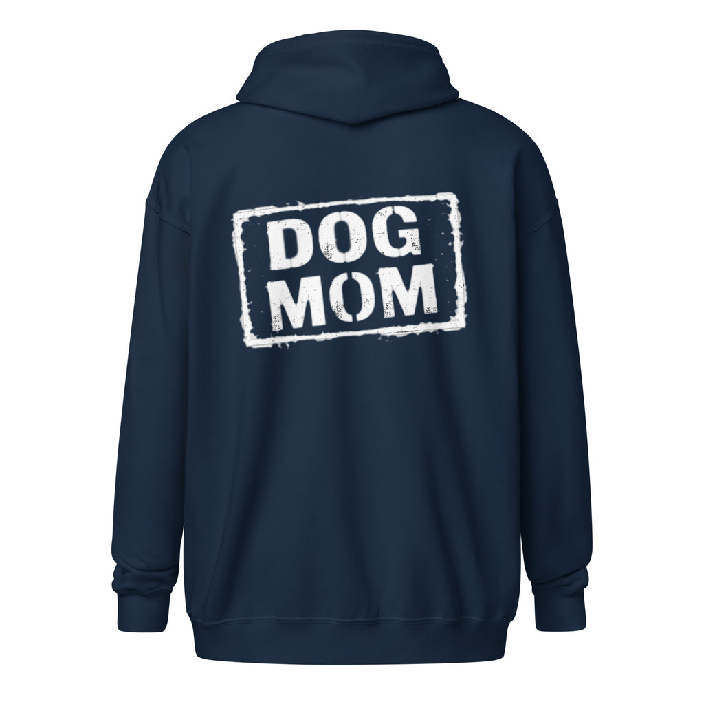 Navyfarbener Hoodie mit Reißverschluss, großer „DOG MOM“-Aufdruck hinten