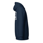 Dunkelblauer Reißverschluss-Hoodie mit Kapuze, seitlichem Ärmelprint und Kängurutasche.