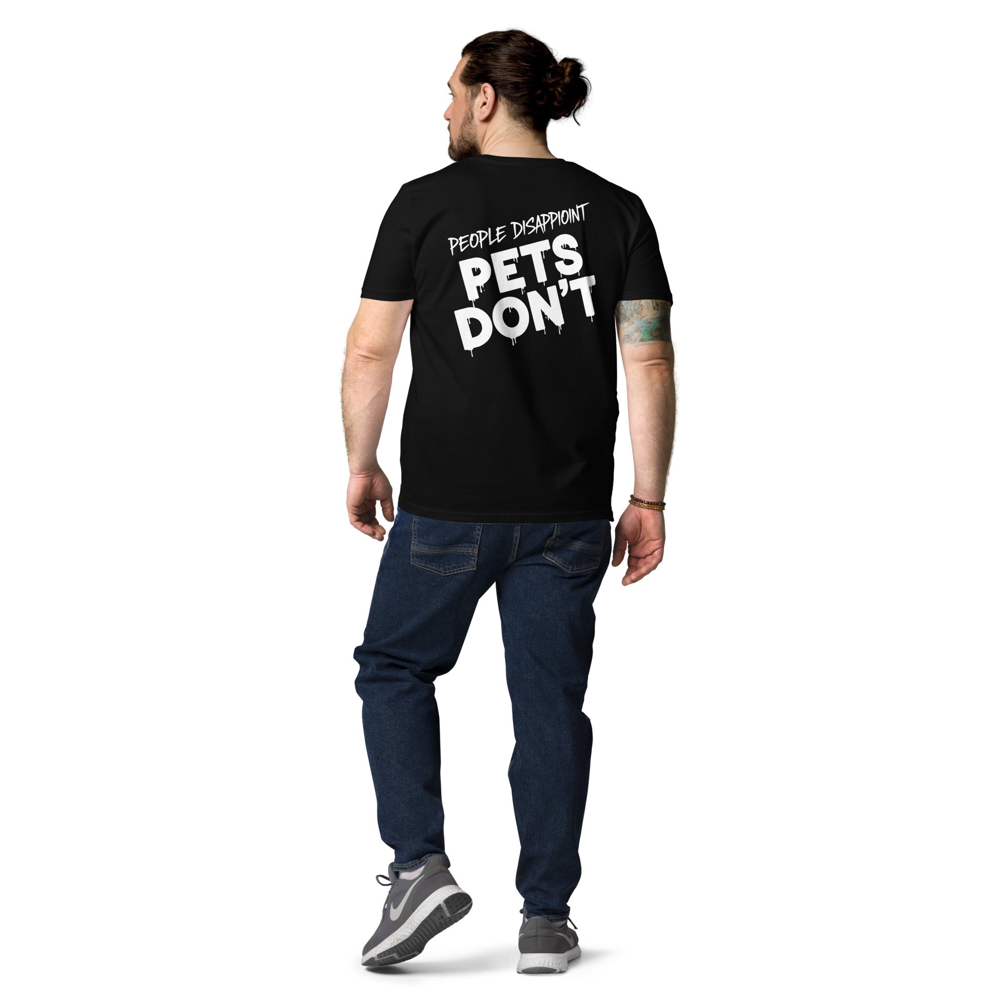 Schwarzes T-Shirt aus Bio-Baumwolle, Rücken mit „PET'S DON'T“-Print