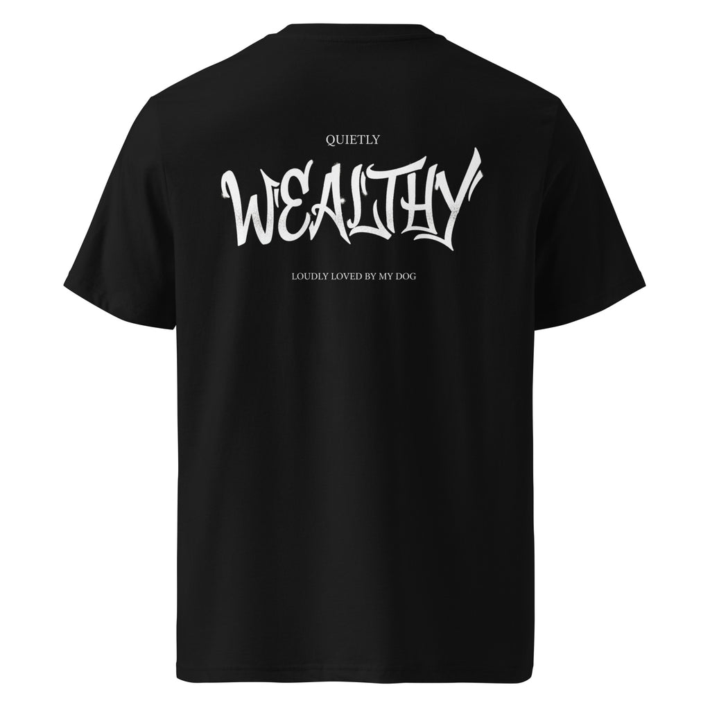 Schwarzes Bio-Baumwoll-T-Shirt mit Schriftzug WEALTHY auf der Rückseite