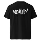 Schwarzes Bio-Baumwoll-T-Shirt mit Schriftzug WEALTHY auf der Rückseite