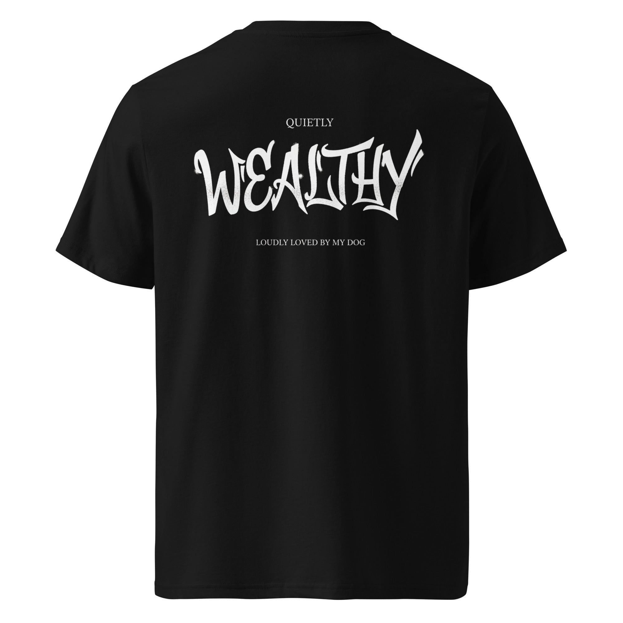 Schwarzes Bio-Baumwoll-T-Shirt mit Schriftzug WEALTHY auf der Rückseite