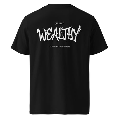 Schwarzes Bio-Baumwoll-T-Shirt mit Schriftzug WEALTHY auf der Rückseite