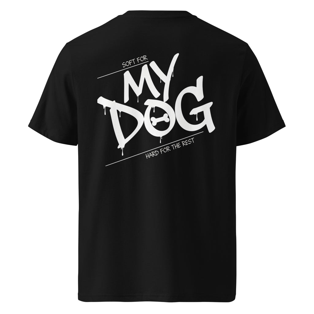 Schwarzes T‑Shirt mit Rückenprint „MY DOG“ und weißem Grafikmotiv