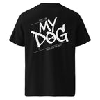 Schwarzes T‑Shirt mit Rückenprint „MY DOG“ und weißem Grafikmotiv