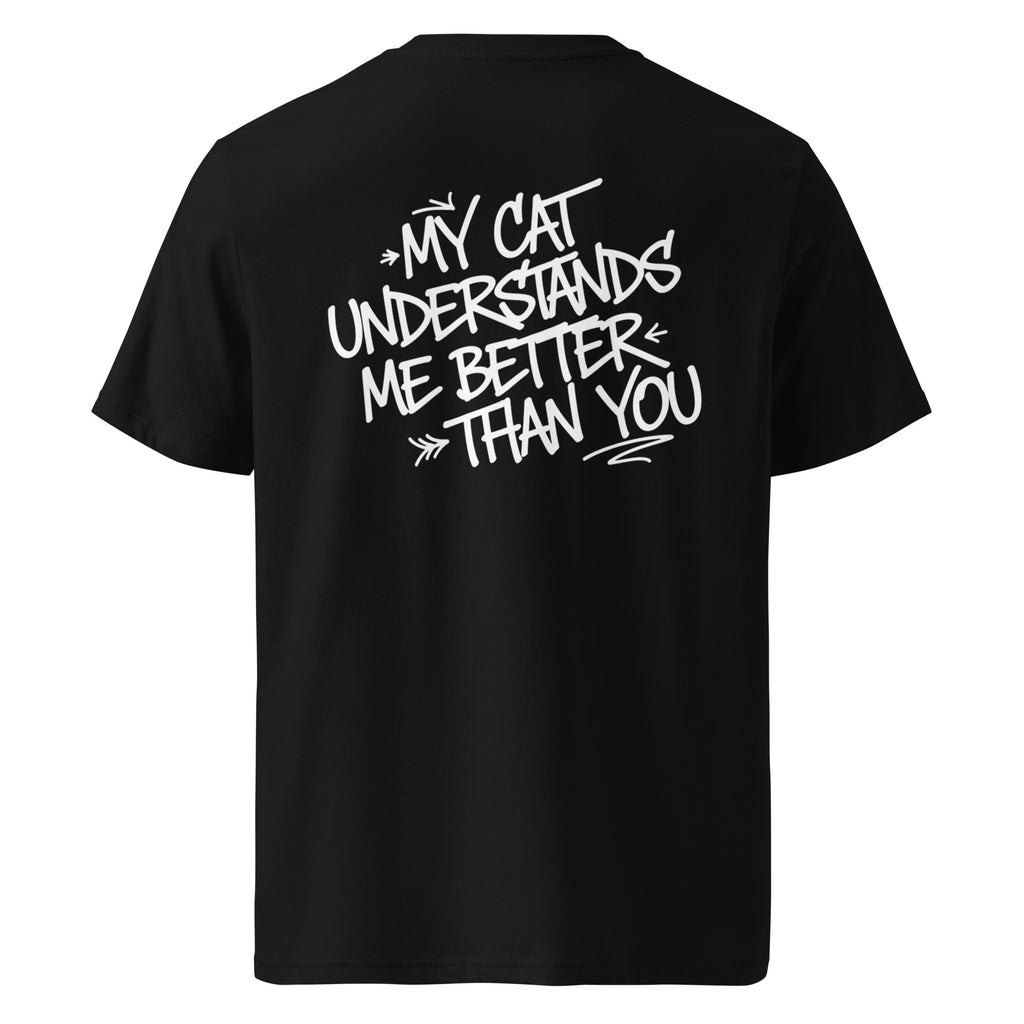 Schwarzes Statement-T-Shirt mit Katzen-Aufdruck auf der Rückseite