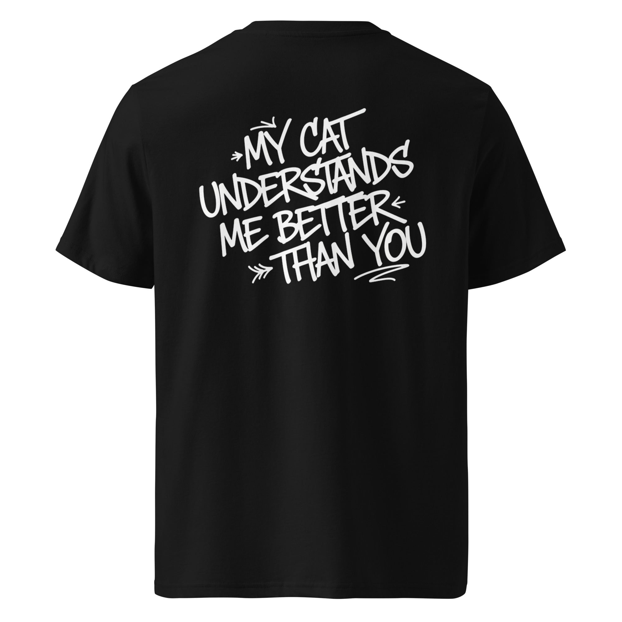 Schwarzes Statement-T-Shirt mit Katzen-Aufdruck auf der Rückseite