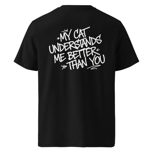 Schwarzes Statement-T-Shirt mit Katzen-Aufdruck auf der Rückseite