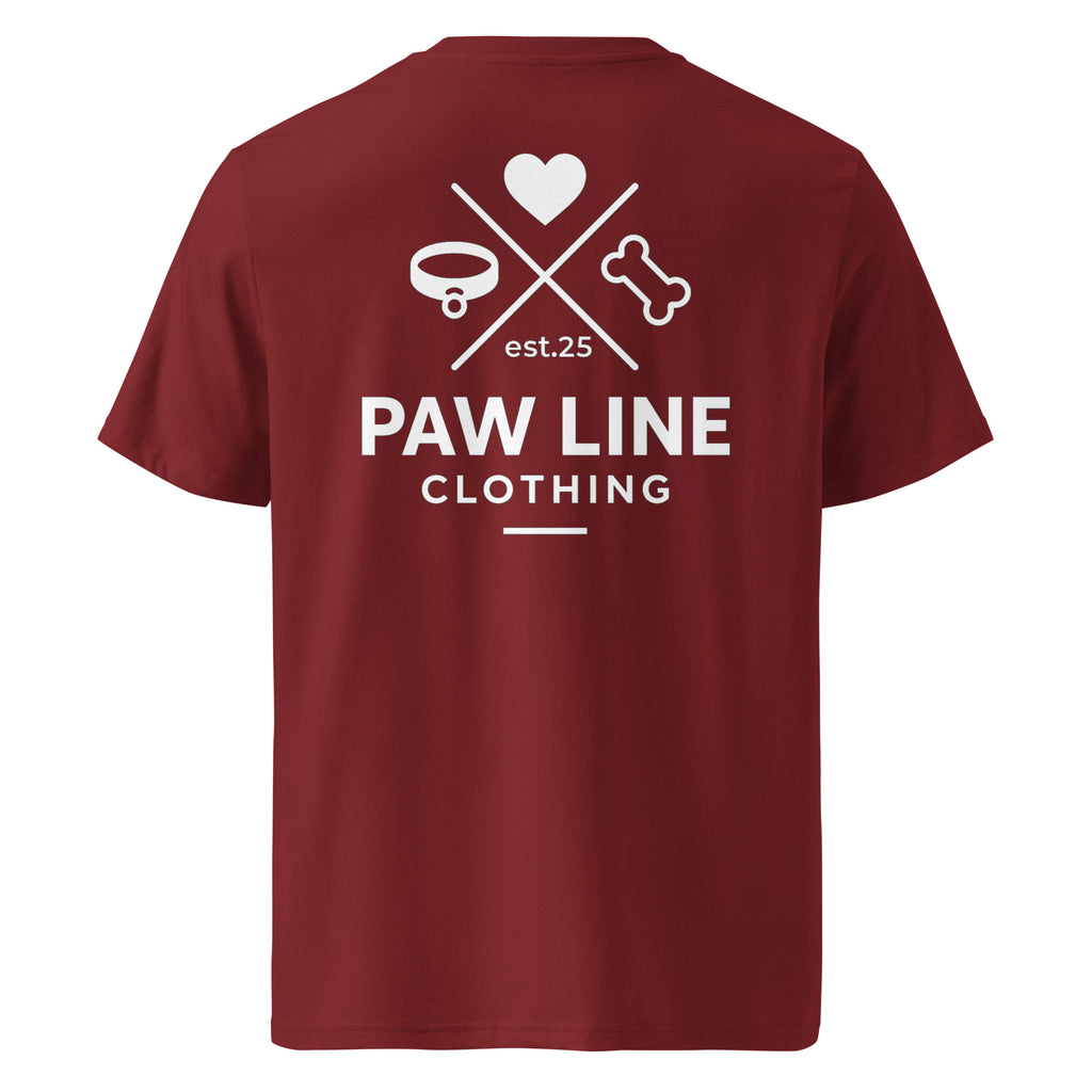 Burgunderrotes Bio-Baumwoll-T-Shirt mit großem Backprint „PAW LINE“