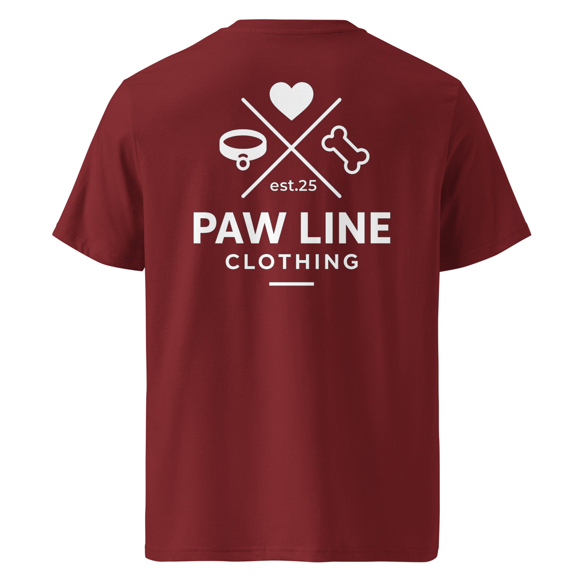 Burgunderrotes Bio-Baumwoll-T-Shirt mit großem Backprint „PAW LINE“