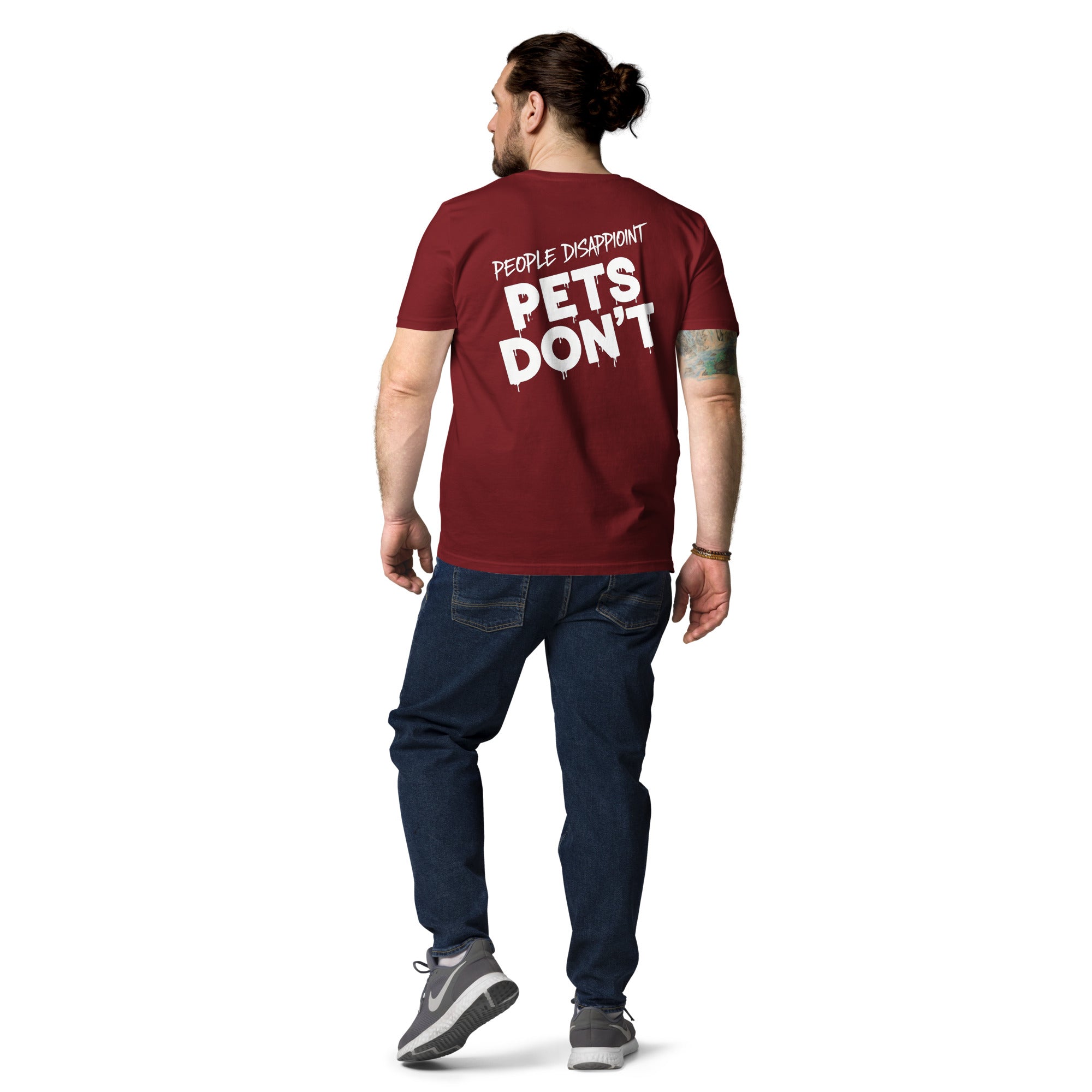 Burgunderfarbenes T-Shirt aus Bio-Baumwolle mit Rückenprint „PET'S DON'T“