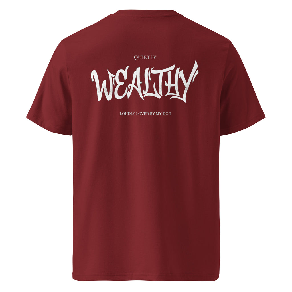 Bordeauxfarbenes Bio-Baumwoll-T-Shirt mit Schriftzug WEALTHY auf der Rückseite
