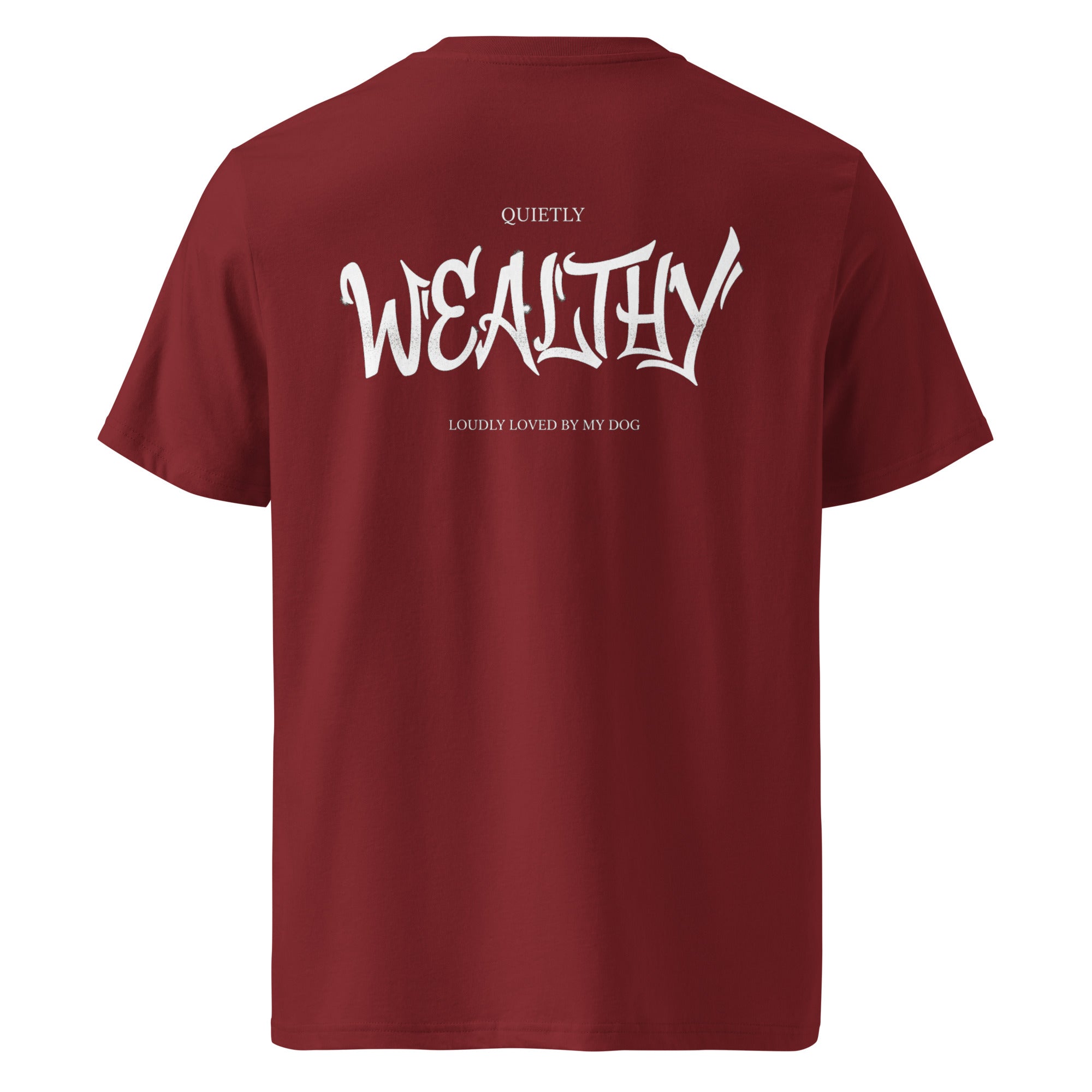 Bordeauxfarbenes Bio-Baumwoll-T-Shirt mit Schriftzug WEALTHY auf der Rückseite