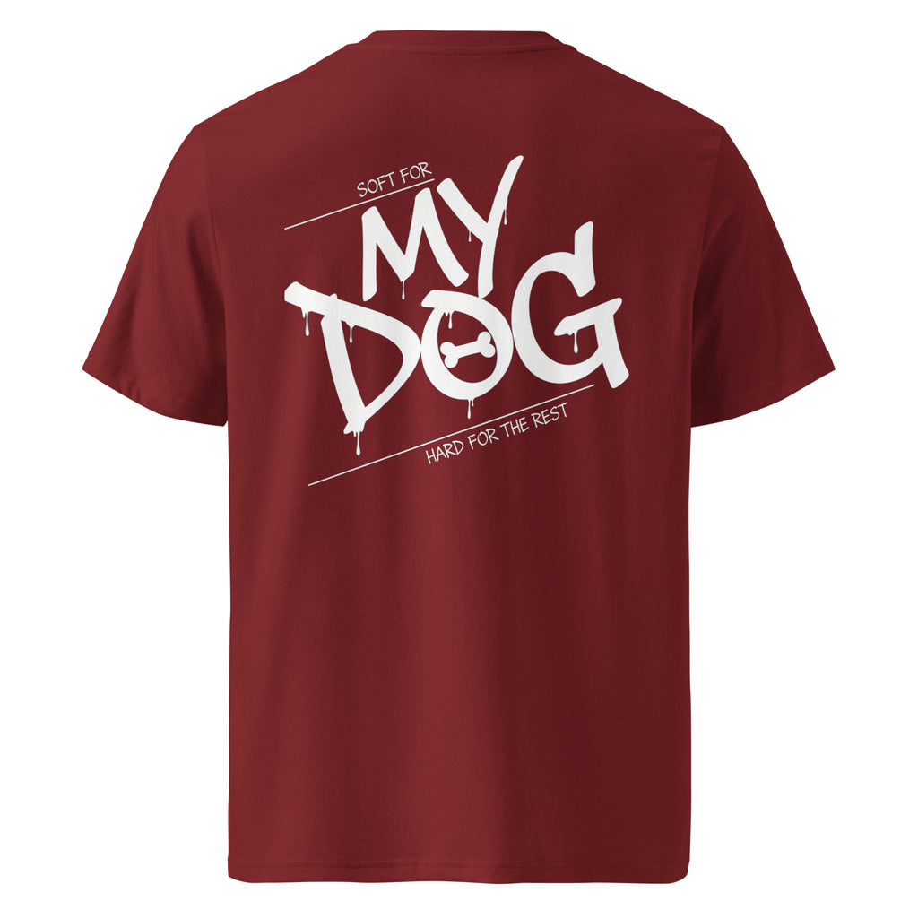 Burgundy T‑Shirt mit Rückenprint „MY DOG“ und weißem Grafikmotiv