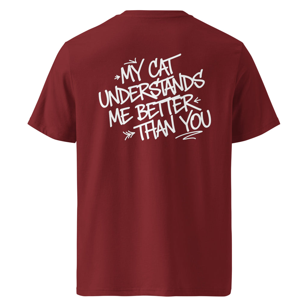 Burgunderfarbenes Statement-T-Shirt mit Katzen-Aufdruck auf der Rückseite
