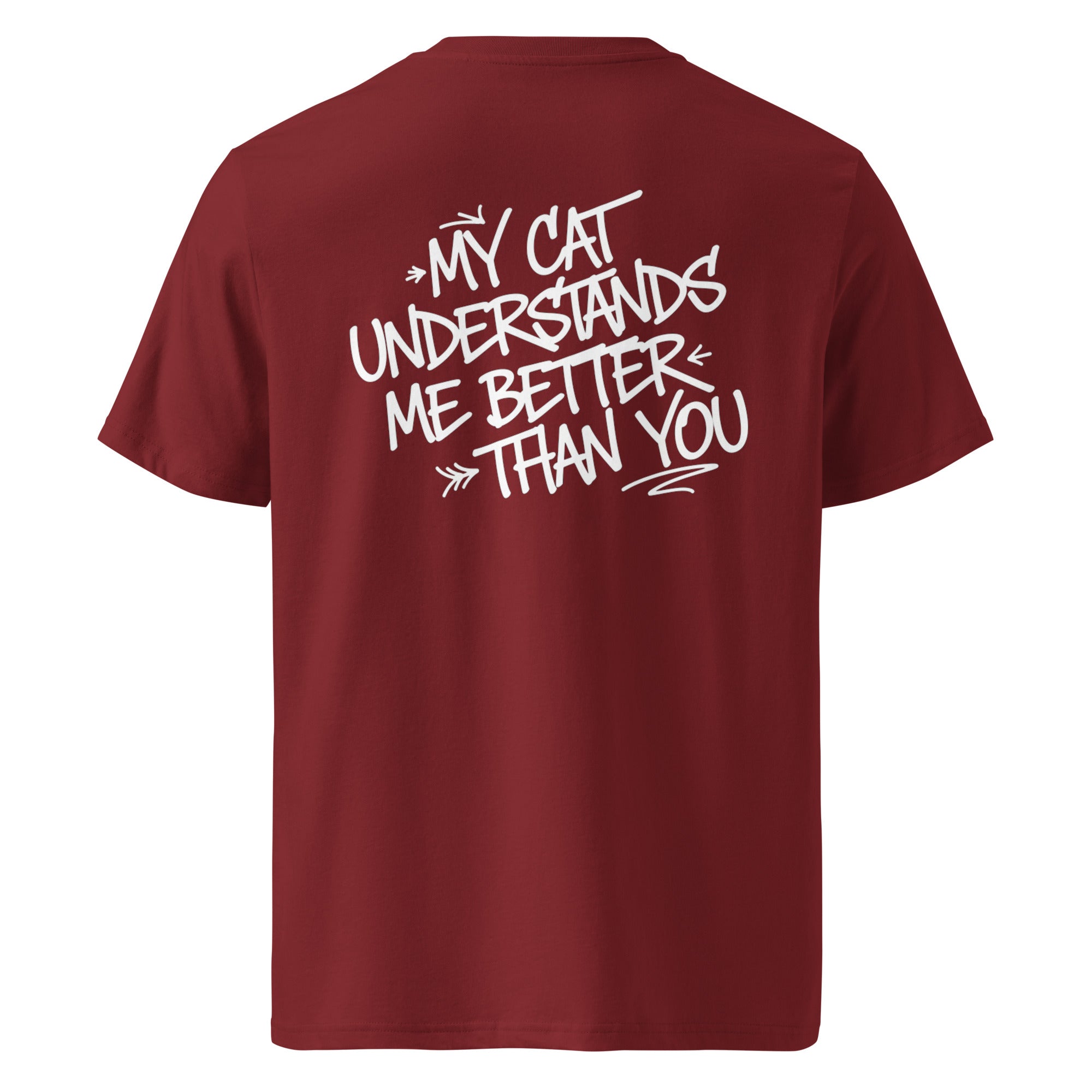 Burgunderfarbenes Statement-T-Shirt mit Katzen-Aufdruck auf der Rückseite
