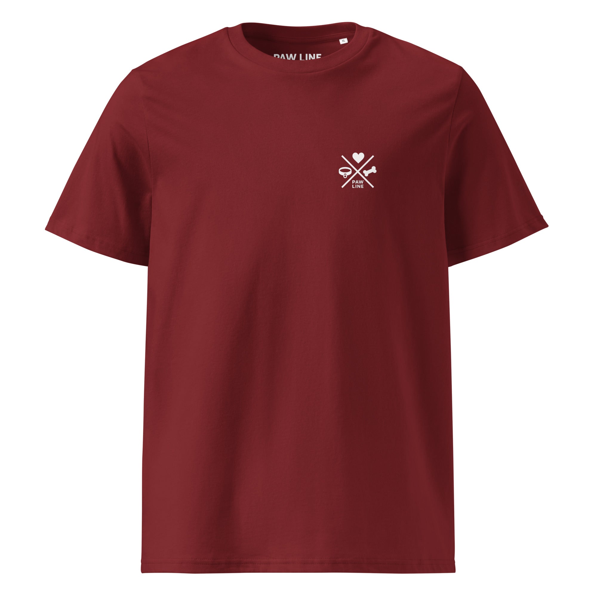 Burgunderrotes Bio-Baumwoll-T-Shirt mit kleinem Brustprint im Herz-Knochen-Design
