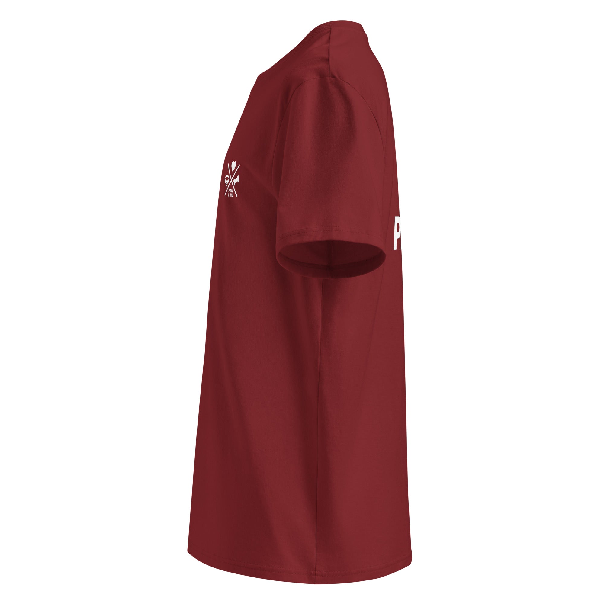 Burgunderrotes Bio-Baumwoll-T-Shirt, Seitenansicht mit kleinem Brustprint