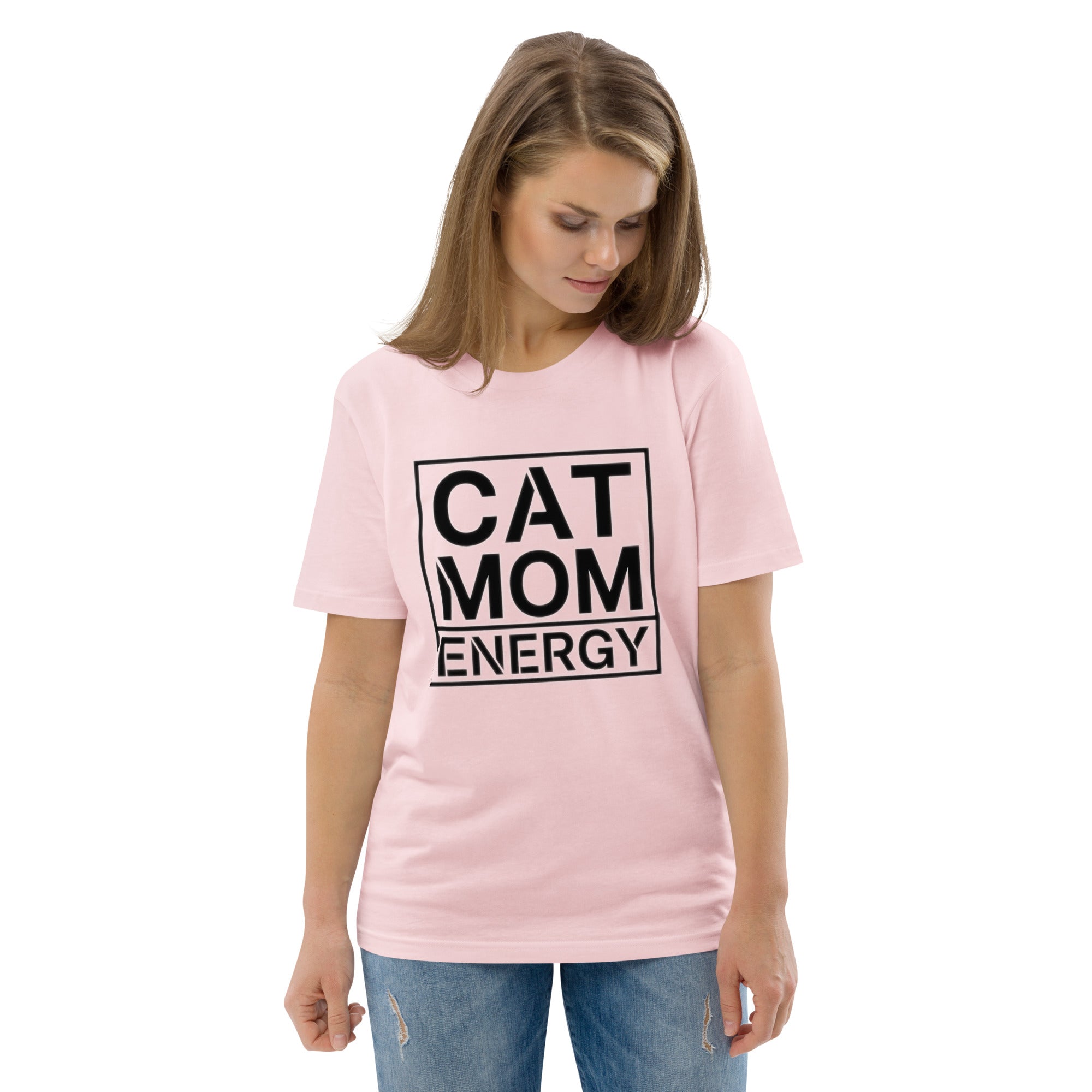Rosa Kurzarm-Shirt, Vorderansicht mit Print „CAT MOM ENERGY“ im schwarzen Rahmen