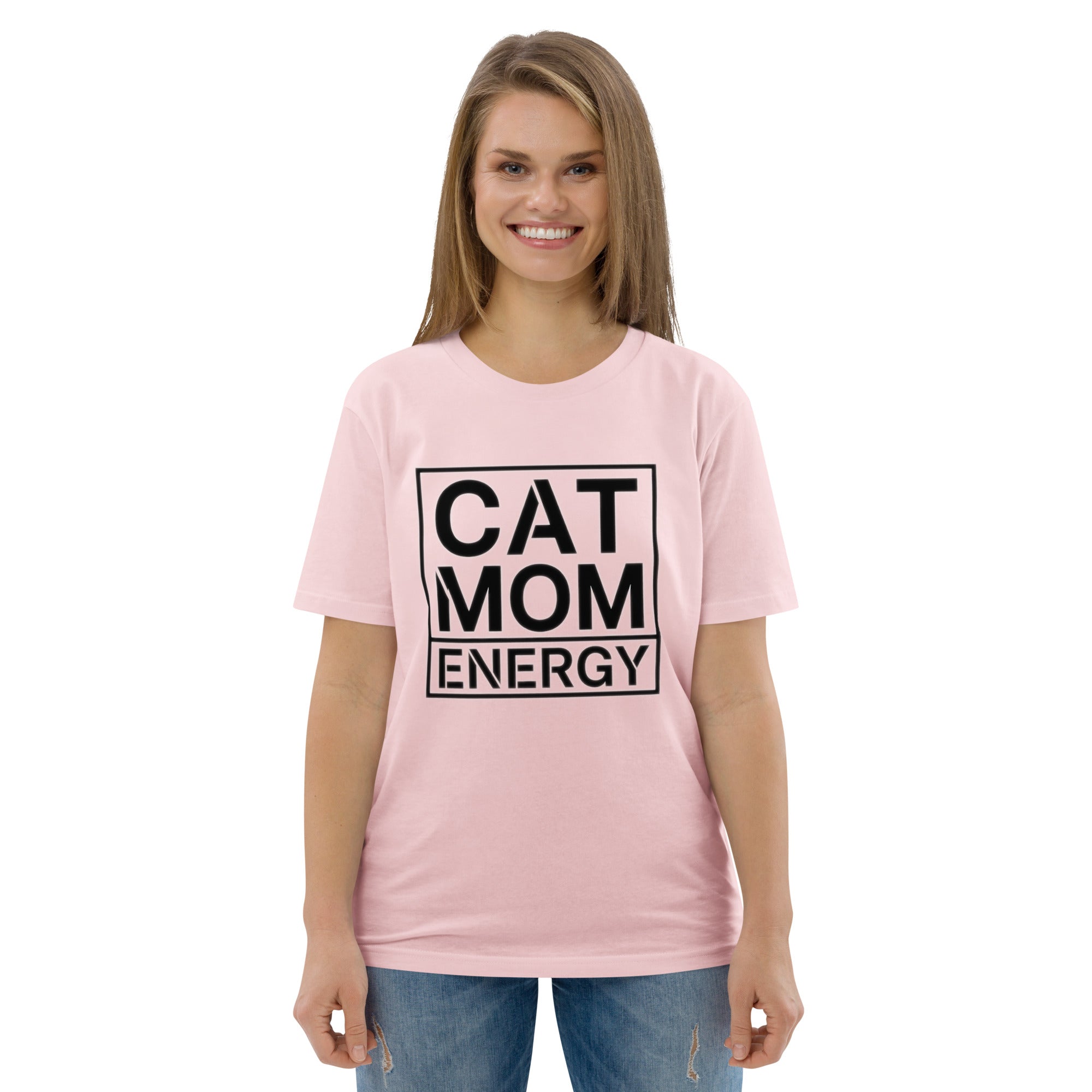 Rosa Kurzarm-Shirt mit Frontprint „CAT MOM ENERGY“ im schwarzen Kasten