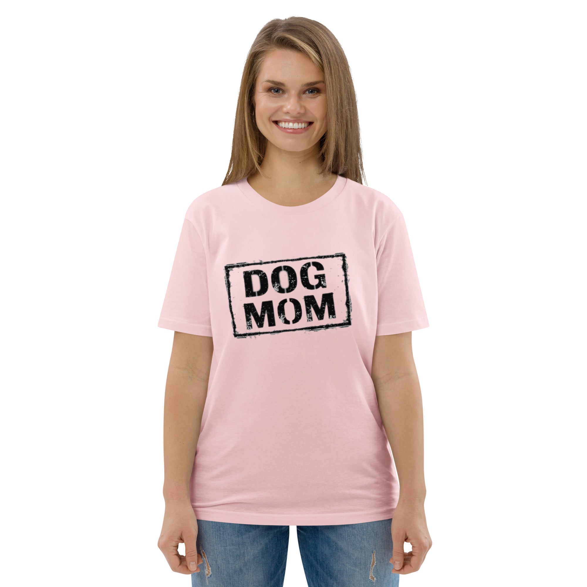 Unisex-T-Shirt hellrosa mit „DOG MOM“-Vintage-Print auf der Brust
