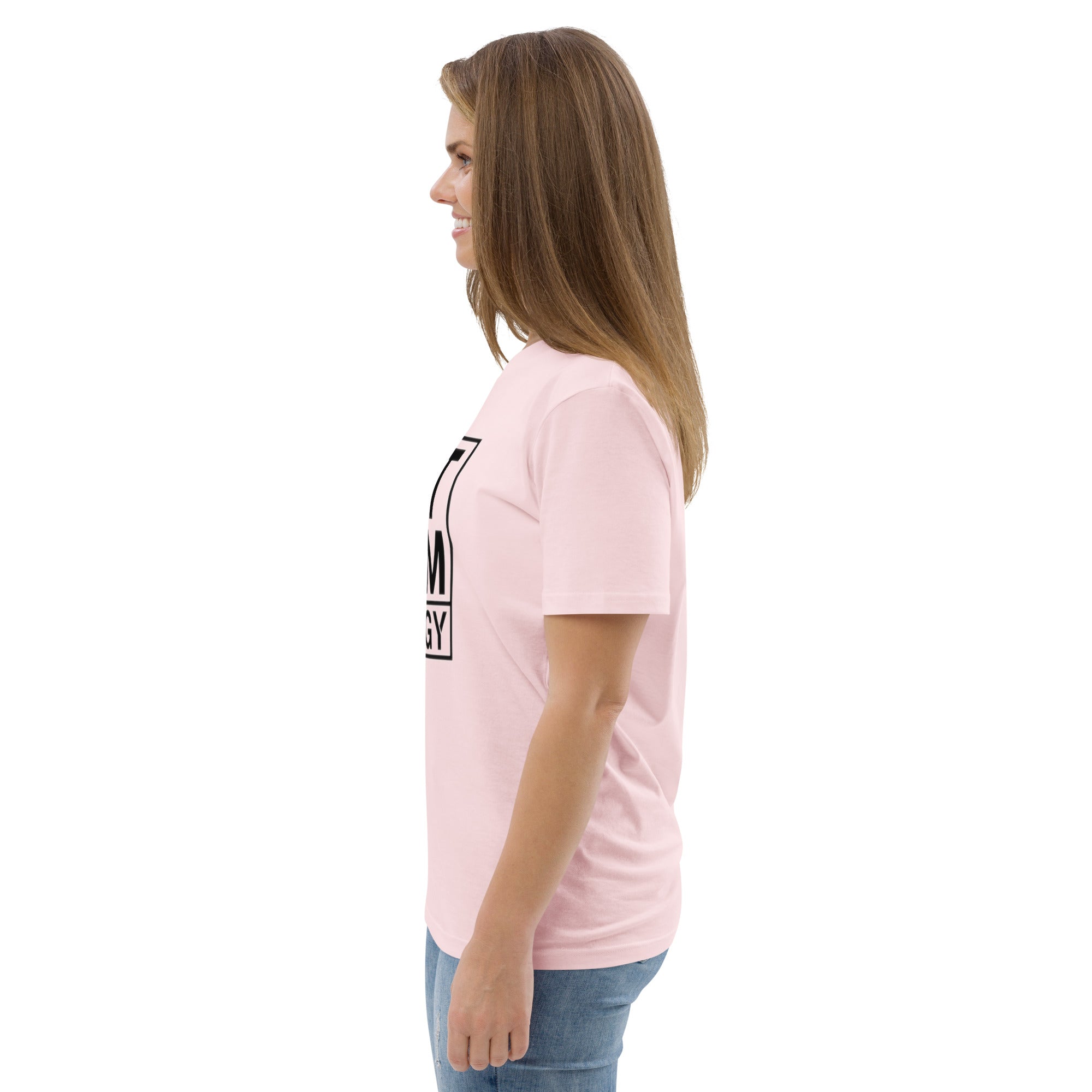 Rosa Kurzarm-Shirt, Seitenansicht mit Kastenprint „CAT MOM“
