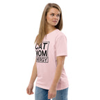 Rosa Kurzarm-Shirt mit seitlichem Blick: Print „CAT MOM ENERGY“ auf Brust