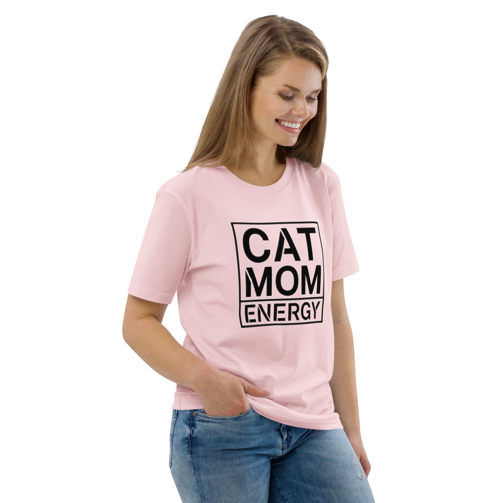 Rosa Kurzarm-Shirt mit Frontprint „CAT MOM ENERGY“ auf der Vorderseite