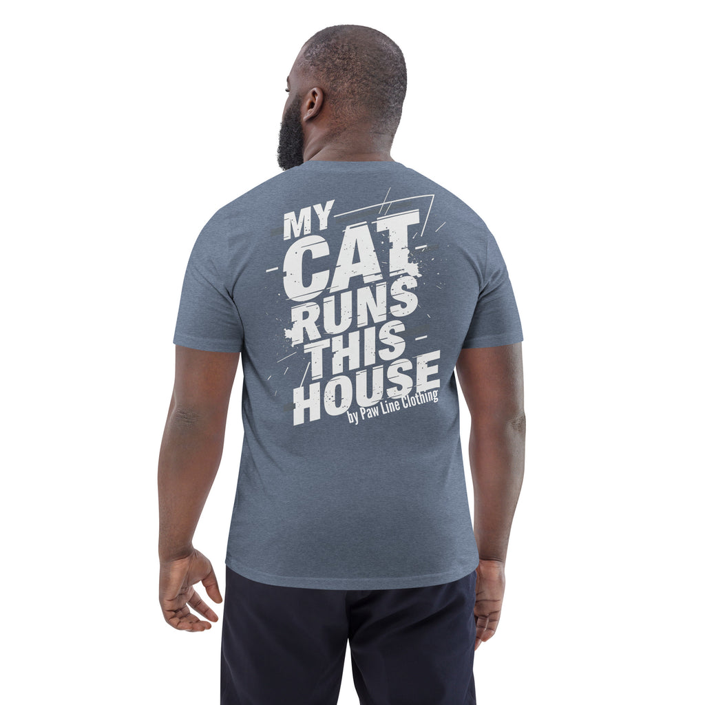 Unisex-Bio-Baumwoll-T-Shirt dunkelgrau, Rückseitenaufdruck „MY CAT RUNS THIS HOUSE“