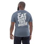 Unisex-Bio-Baumwoll-T-Shirt dunkelgrau, Rückseitenaufdruck „MY CAT RUNS THIS HOUSE“