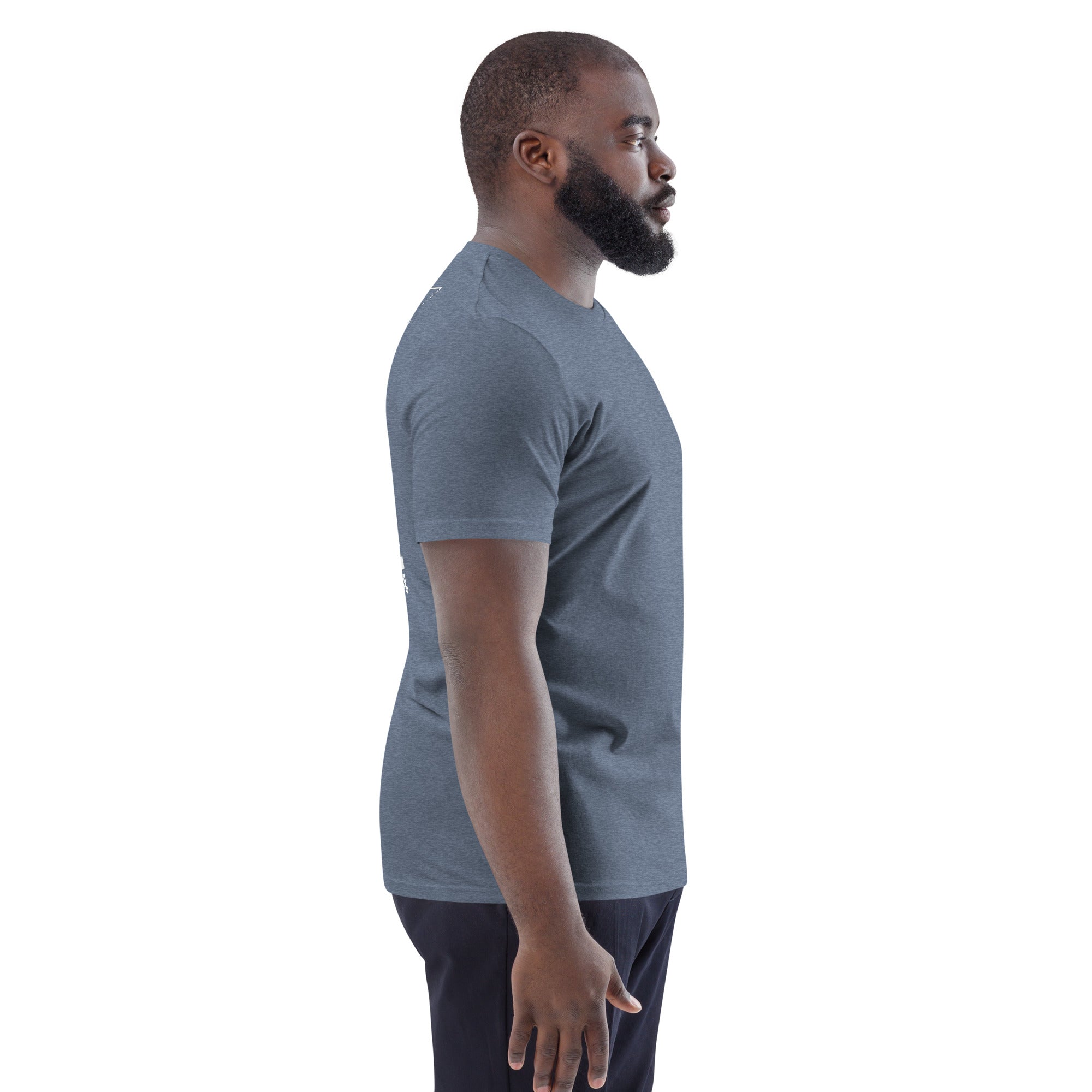 Unisex-Bio-Baumwoll-T-Shirt, melierter Grauton, Rundhalsausschnitt, seitliche Ansicht