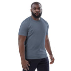 Unisex-Bio-Baumwoll-T-Shirt, melierter Grauton, Rundhals, Vorderansicht im Profil