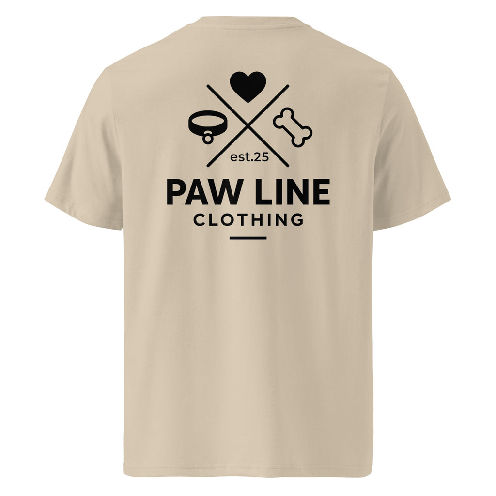 Bio-Baumwoll-T-Shirt in Hellbeige mit Rückenprint „PAW LINE“ und Herz-/Knochen-Logo