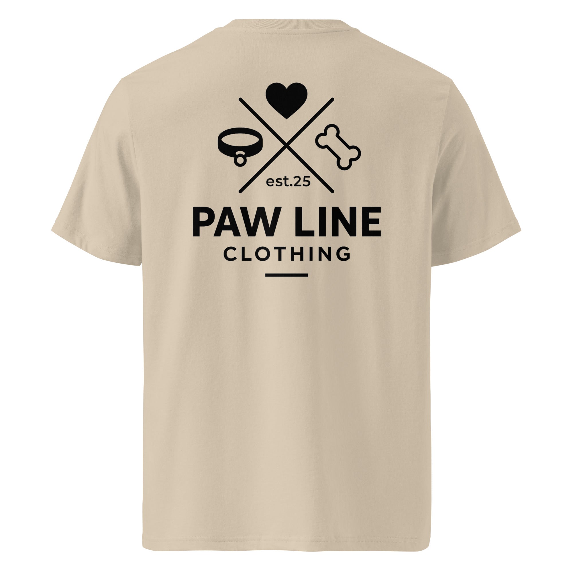 Bio-Baumwoll-T-Shirt in Hellbeige mit Rückenprint „PAW LINE“ und Herz-/Knochen-Logo