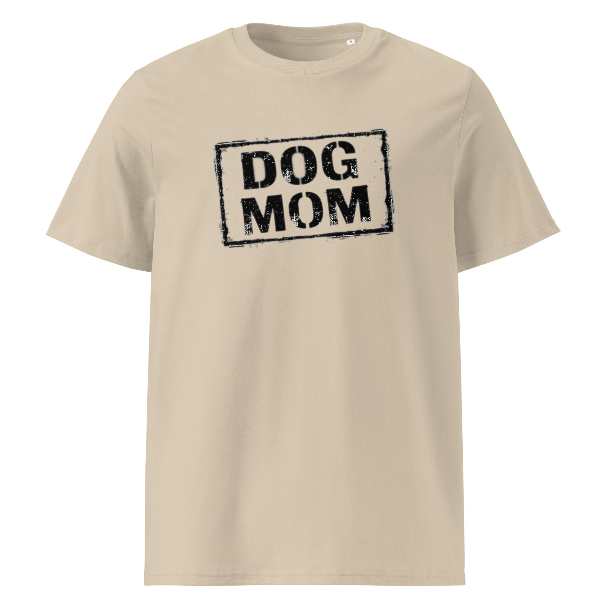 Unisex-T-Shirt in Beige mit Frontprint „DOG MOM“ im Rechteck, rund ausgeschnitten