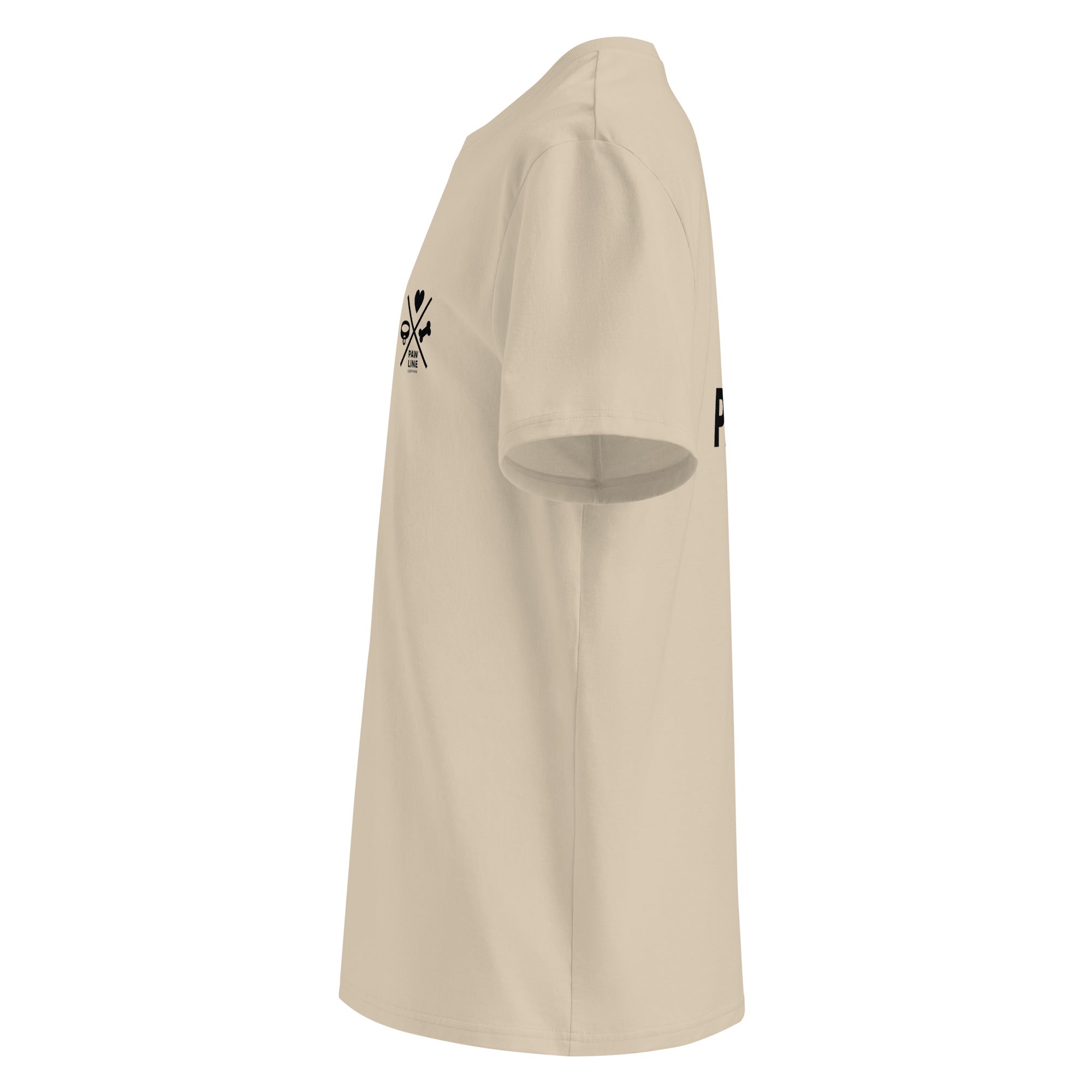 Bio-Baumwoll-T-Shirt in Hellbeige, seitliche Ansicht mit kleinem Ärmel-Logo