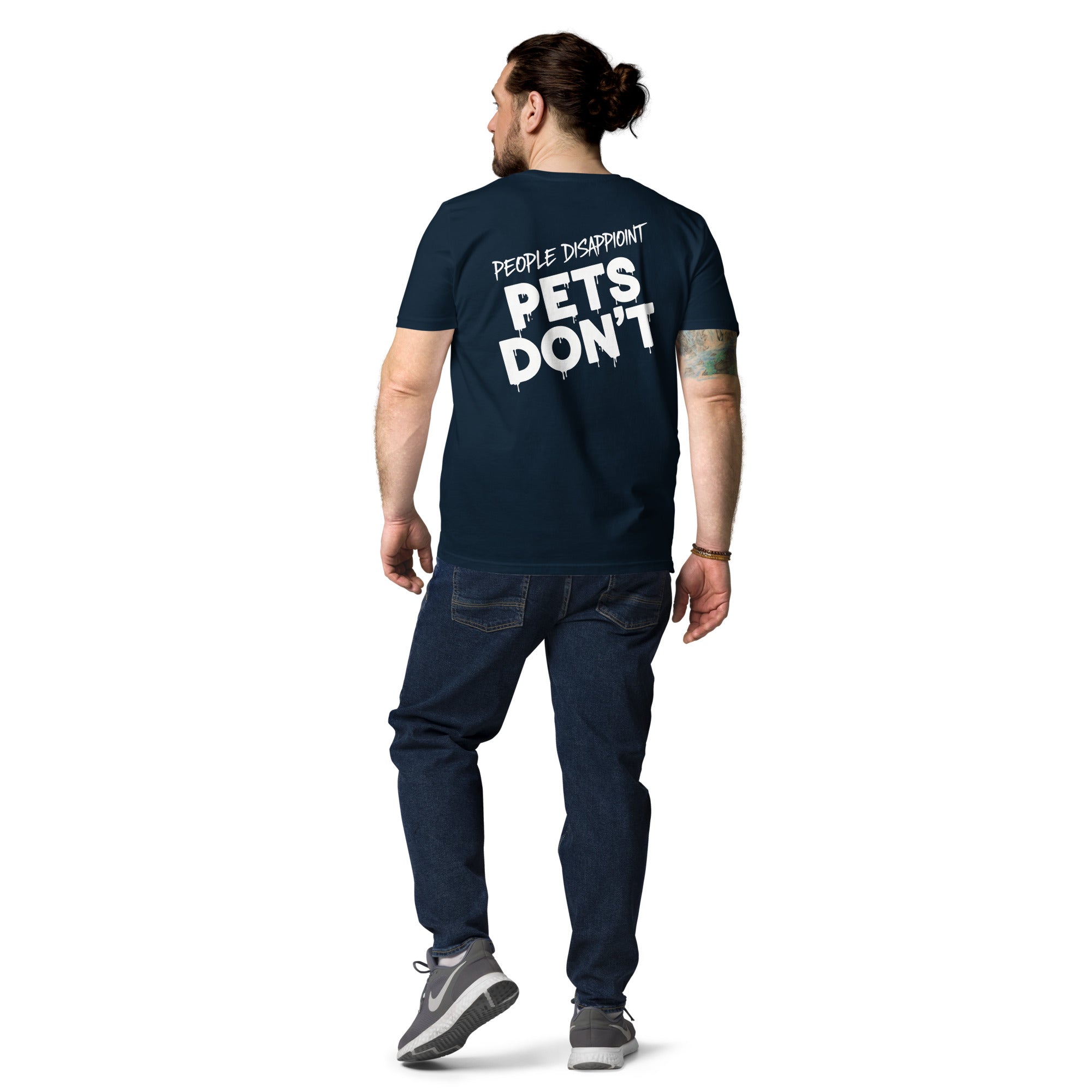 French-Navy T-Shirt aus Bio-Baumwolle, Rücken mit „PET'S DON'T“-Print