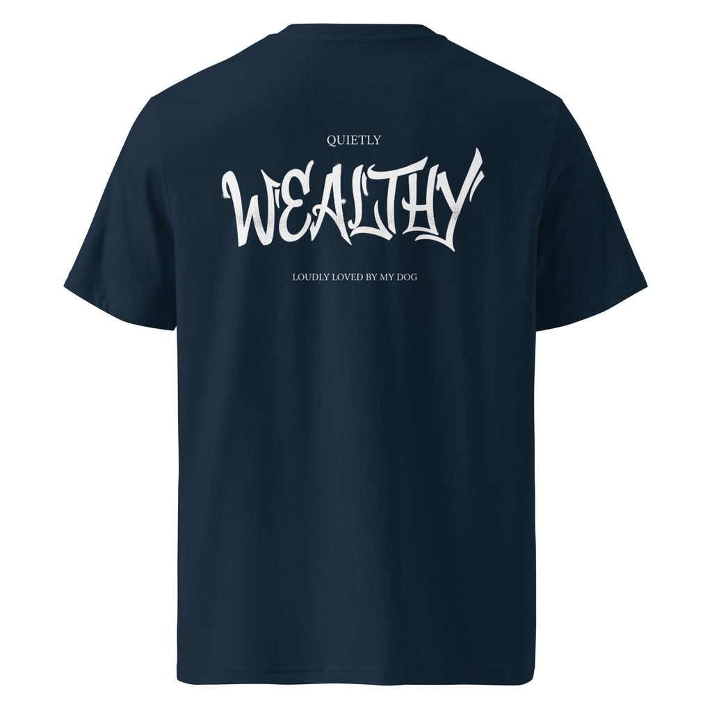 Dunkelblaues Bio-Baumwoll-T-Shirt mit Schriftzug WEALTHY auf der Rückseite